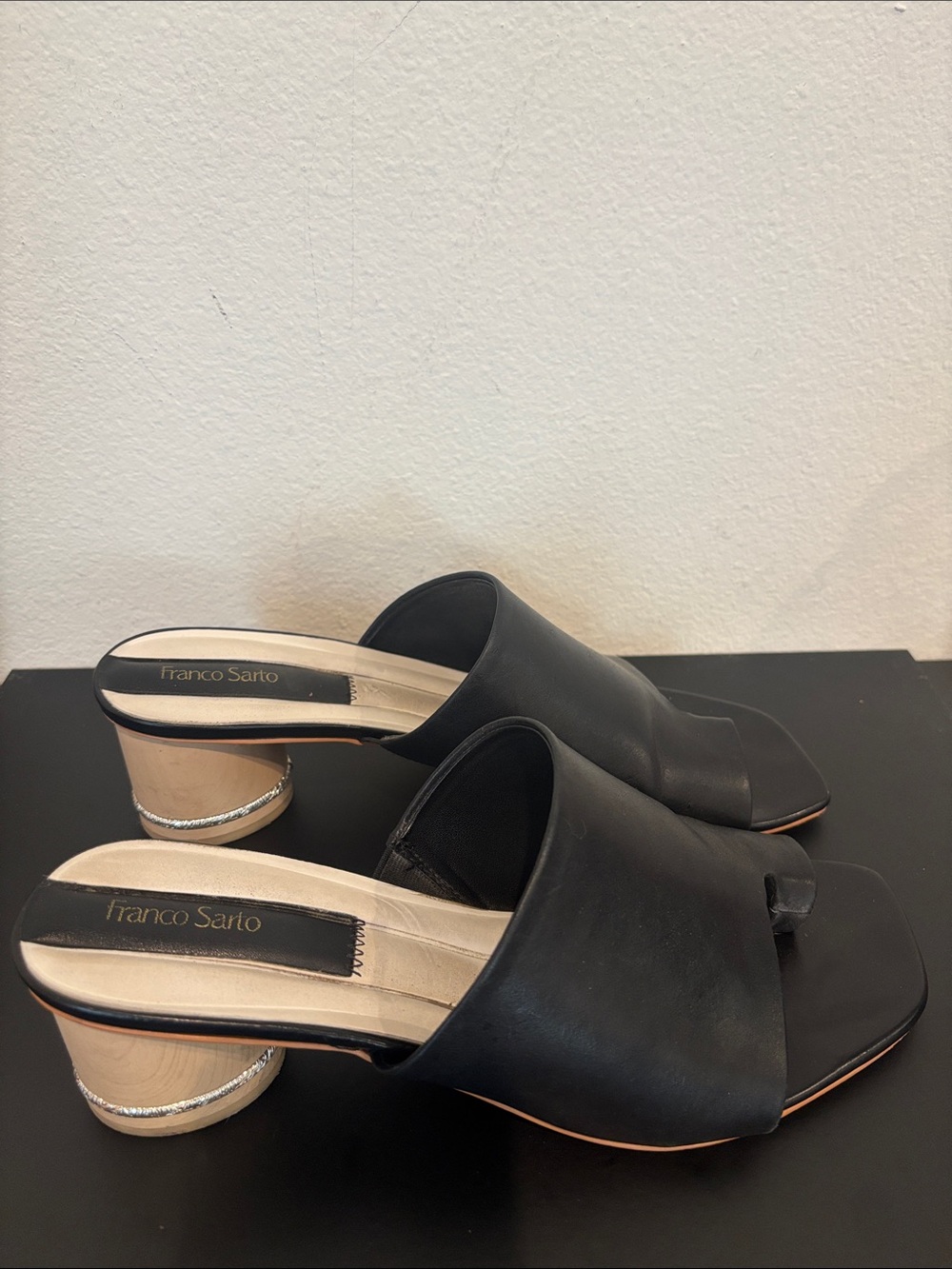 Franco Sarto Black Leather Open-Back Mule with Wood Block Heel sz 9